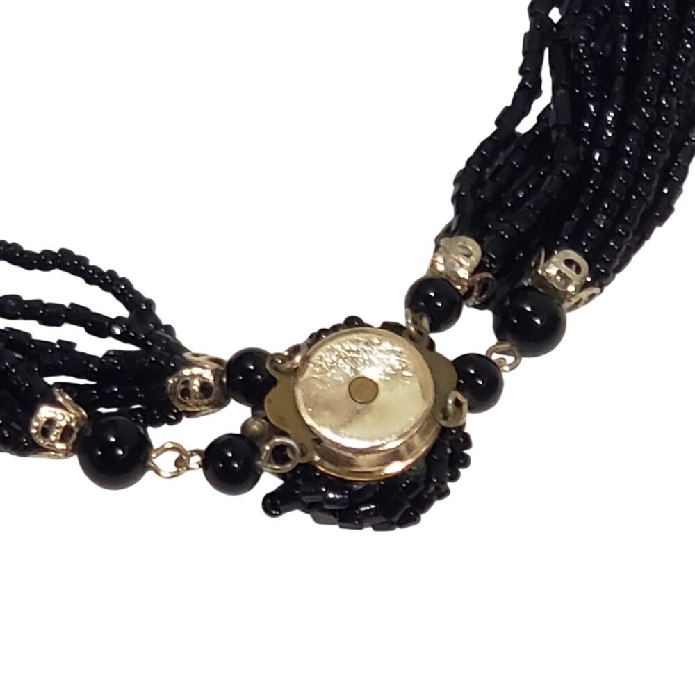 Signed Necklace Art Deco Black Glass SEED Beads Strands Japan 18 In Vintage Scar - Picture 4 of 9